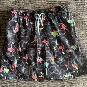 Wonder Nation Kids Swim Shorts - Black with Pink and Green Flamingo Print